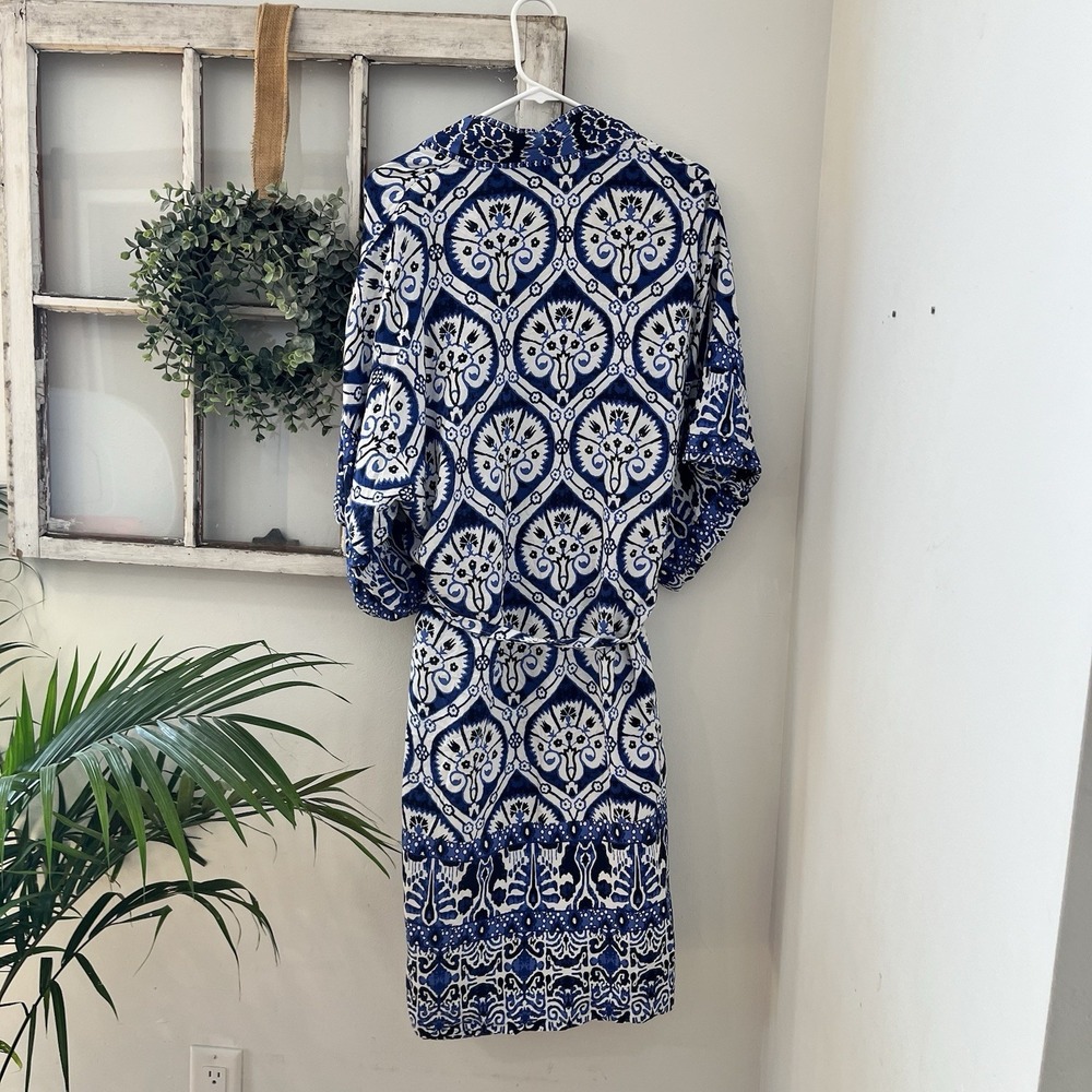 haute hippie rayon porcelain blue white reversible kimono belt robe cover up, M - Picture 5 of 7